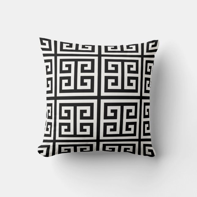 Greek Key Square Pattern White On Black Throw Pillow (Front)