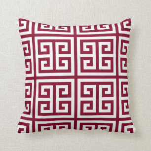 Greek Key Square Pattern White On Burgundy Throw Pillow