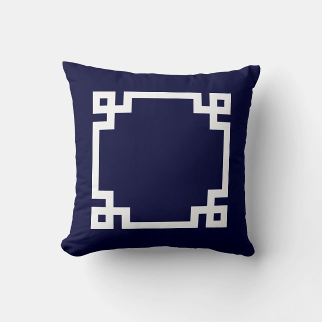 Greek Key Square White On Navy Blue Throw Pillow (Front)