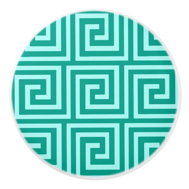 Greek Key, turquoise and aqua Ceramic Knob (Front)