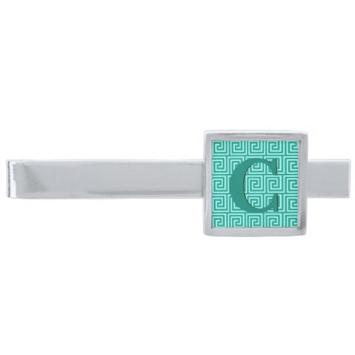 Greek Key turquoise and aqua Silver Finish Tie Bar