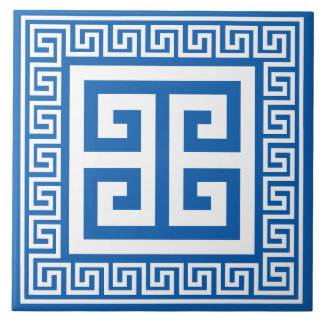 Greek Key White And Blue Pattern Ceramic Tile