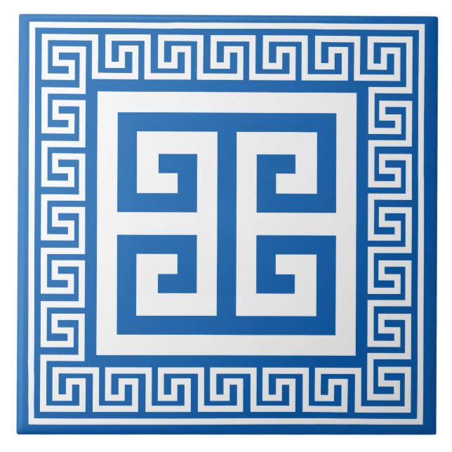Greek Key White And Blue Pattern Ceramic Tile (Front)
