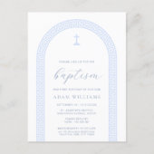Greek Key White Blue Baptism Invitation Postcard (Front)