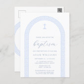 Greek Key White Blue Baptism Invitation Postcard (Front/Back)