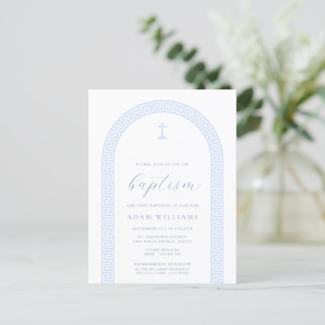 Greek Key White Blue Baptism Invitation Postcard (Standing Front)