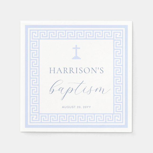 Greek Key White Blue Baptism Napkins (Front)