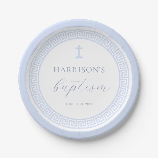 Greek Key White Blue Baptism Paper Plates (Front)