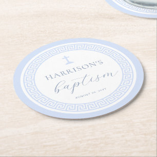 Greek Key White Blue Baptism Round Paper Coaster