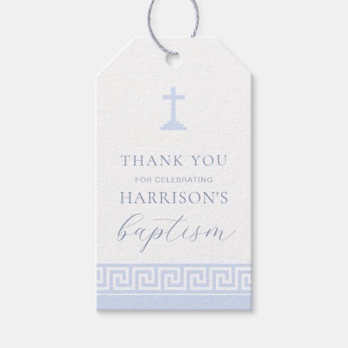 Greek Key White Blue Baptism Thank You Gift Tags