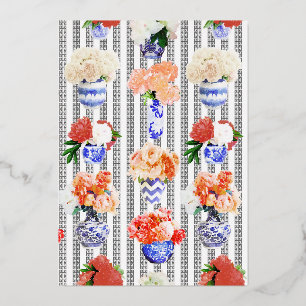 Greek Key with Peonies Foil Invitation