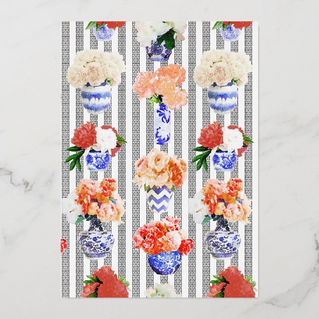 Greek Key with Peonies Foil Invitation (Front)