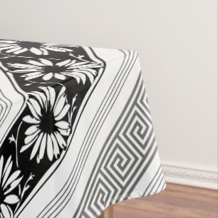 Greek Keys and Daisies Black and White Tablecloth