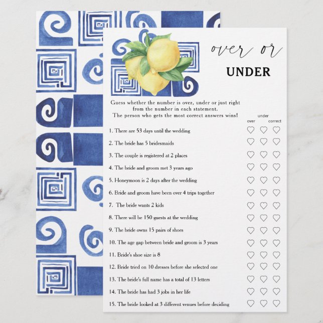 Greek Lemons - Over or under bridal shower game (Front/Back)