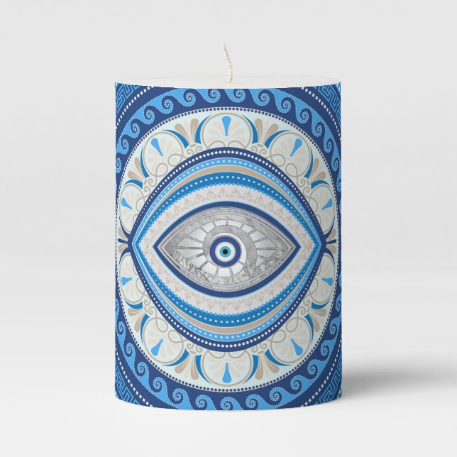 Greek Mati Mataki - Greek Evil Eye ornament Pillar Candle (Front)