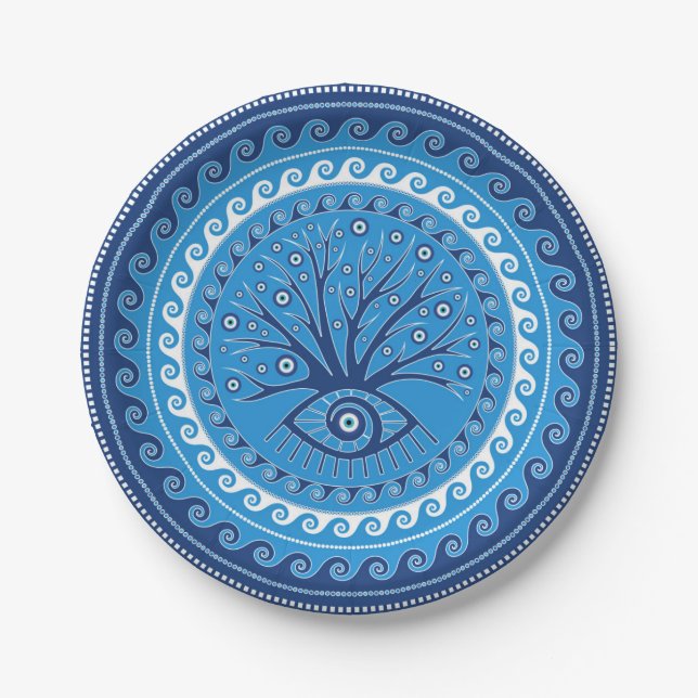 Greek Mati Mataki - Matiasma Evil Eye Tree Paper Plates (Front)