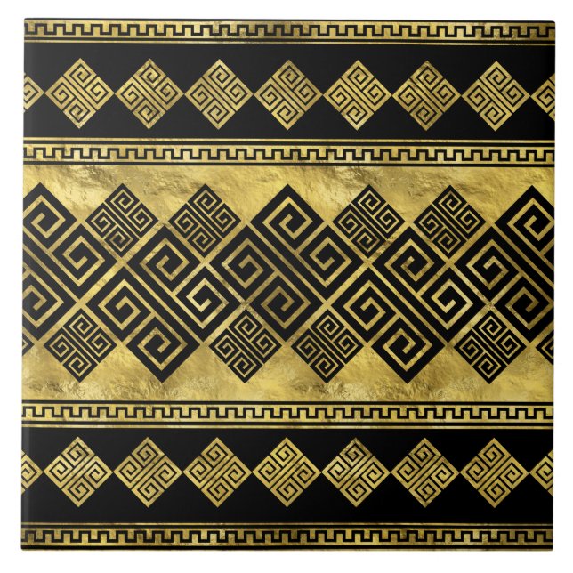 Greek Meander - Greek Key Black and gold Ceramic Tile (Front)