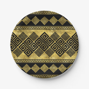 Greek Meander - Greek Key Black and gold Paper Plates