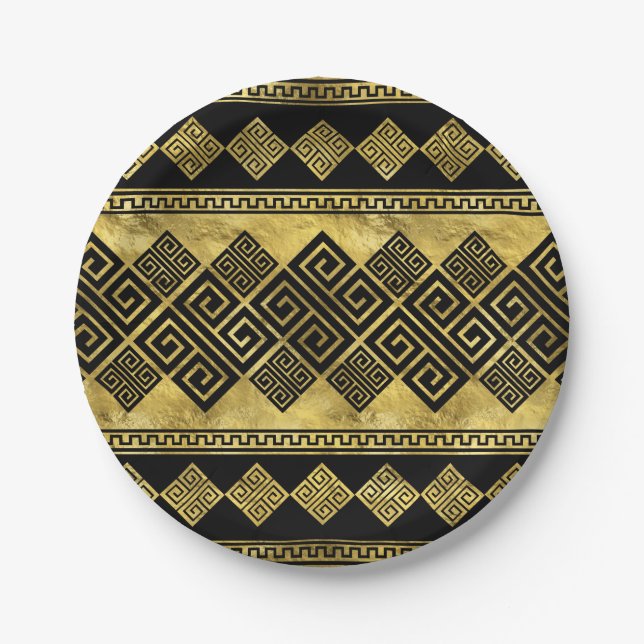 Greek Meander - Greek Key Black and gold Paper Plates (Front)