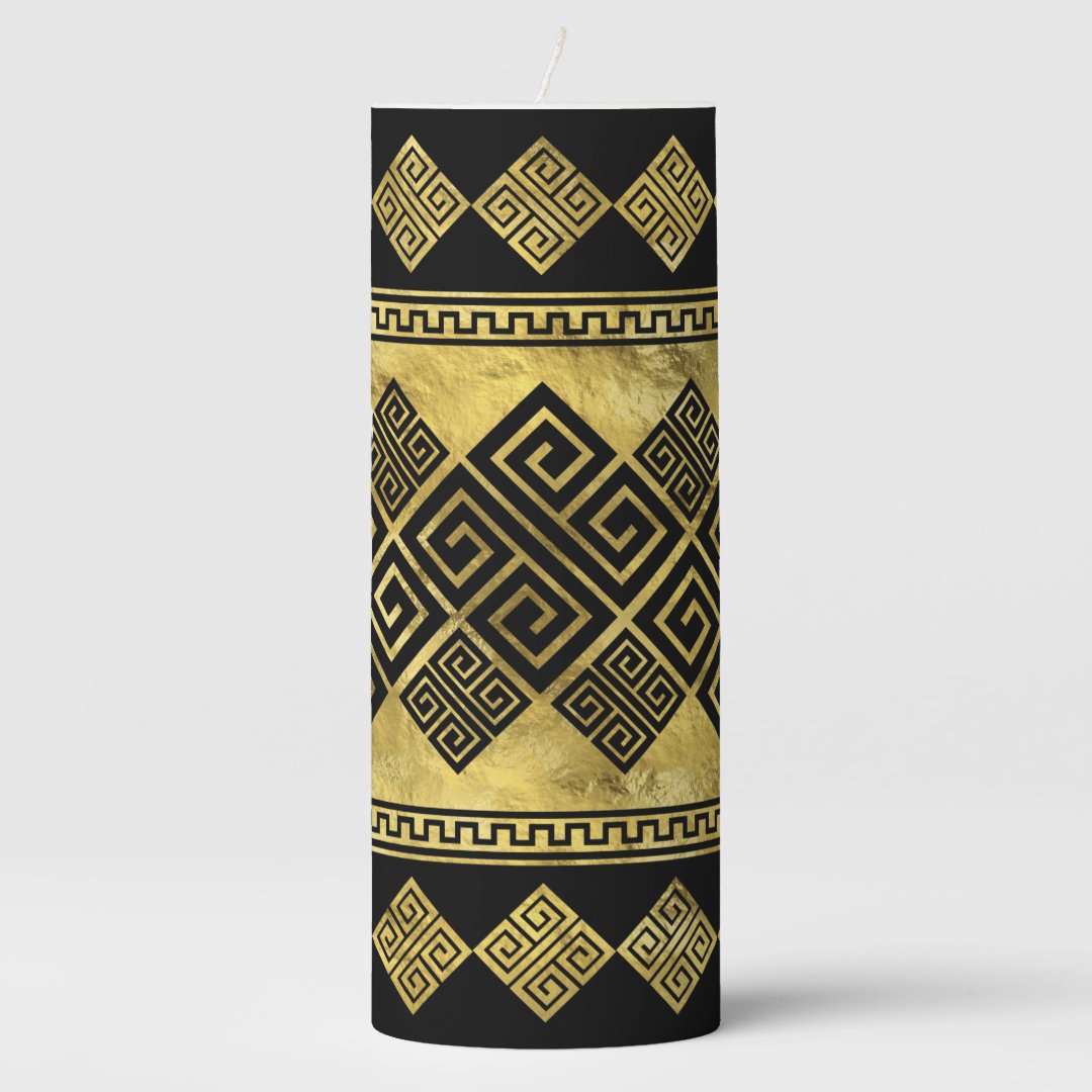 Greek Meander Greek Key Black and gold Pillar Candle Zazzle