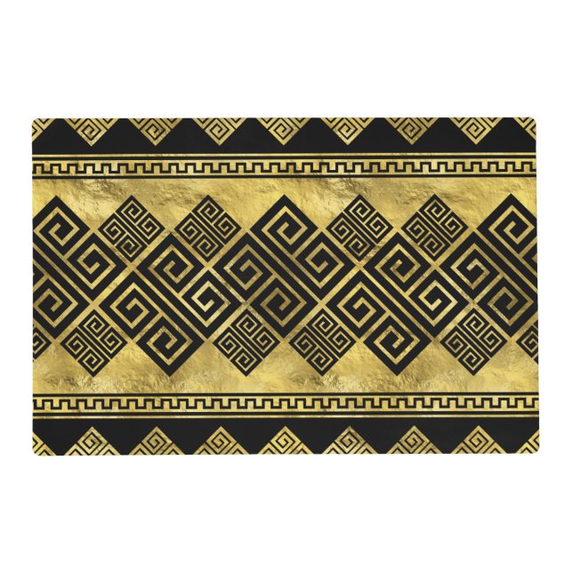 Greek Meander - Greek Key Black and gold Placemat (Front)