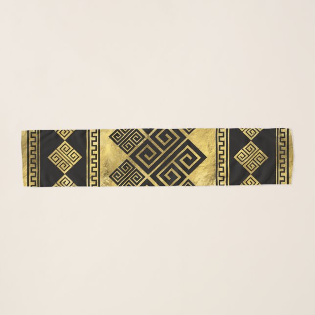 Greek Meander - Greek Key Black and gold Scarf (Front (Horizontal))