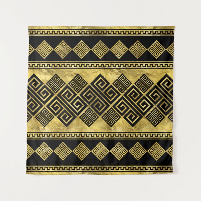 Greek Meander - Greek Key Black and gold Tapestry (Front)