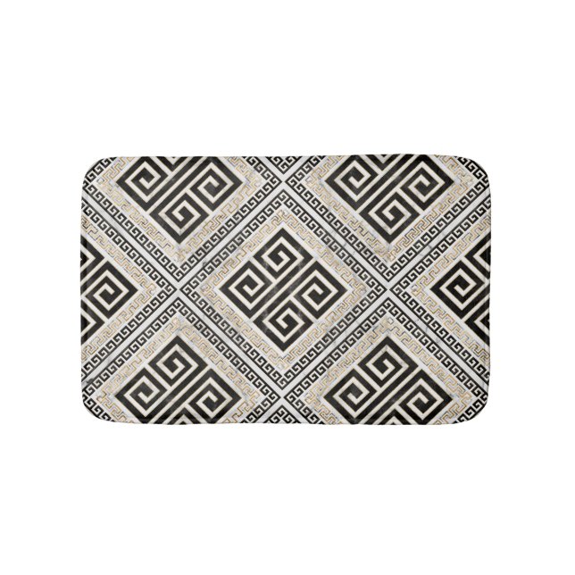 Greek Meander, Greek Key Black and White Marble Bath Mat (Front)