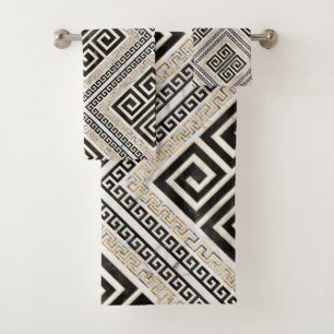 Greek Meander, Greek Key Black and White Marble Bath Towel Set