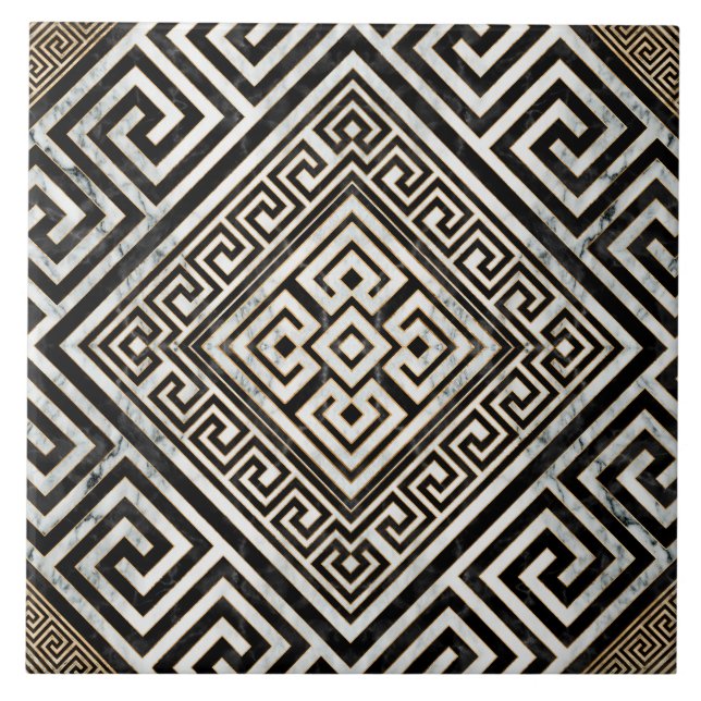 Greek Meander - Greek Key Black and White Marble Ceramic Tile (Front)