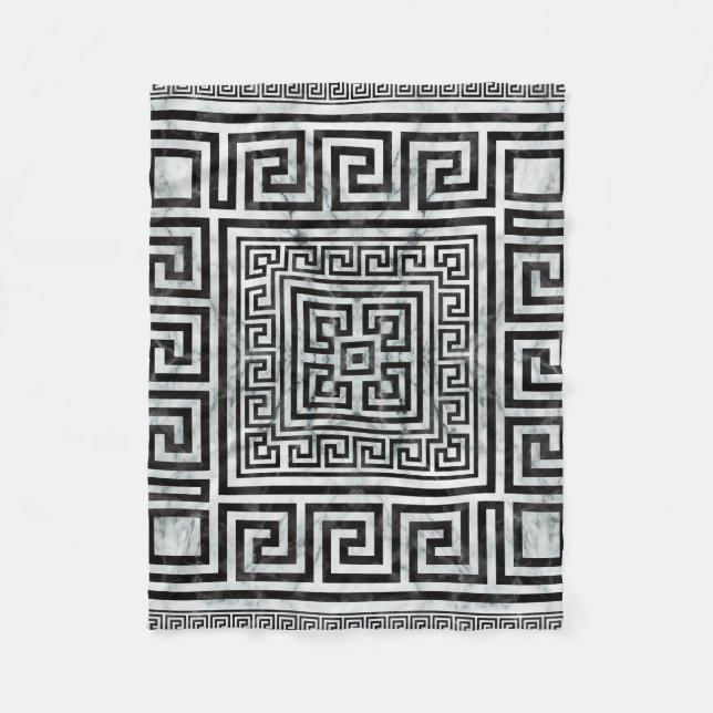 Greek Meander - Greek Key Black and White Marble Fleece Blanket (Front)