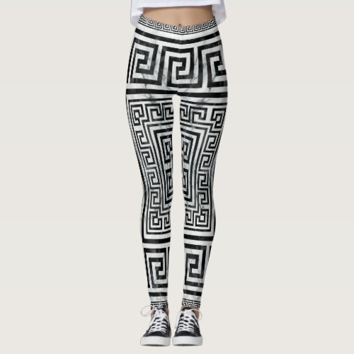 Greek Meander _ Greek Key Black and White Marble Leggings