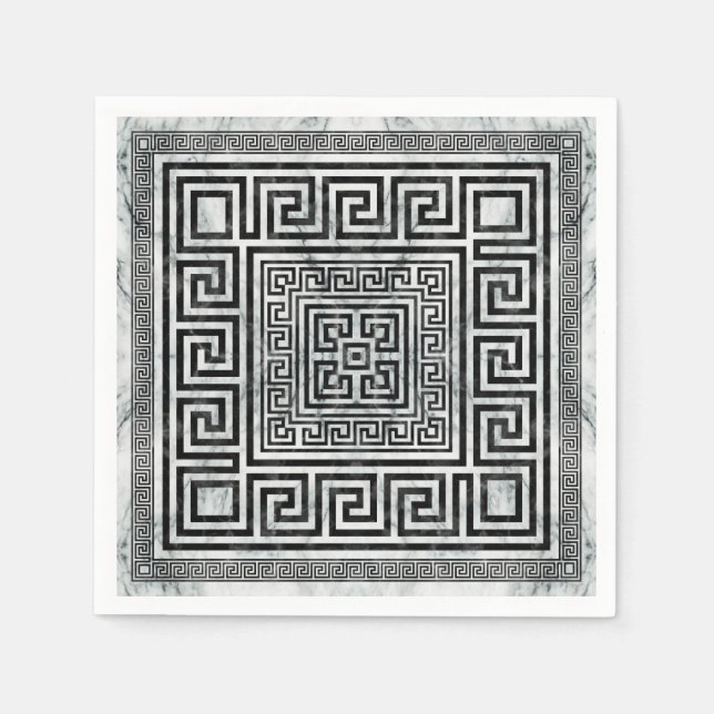 Greek Meander - Greek Key Black and White Marble Napkins (Front)