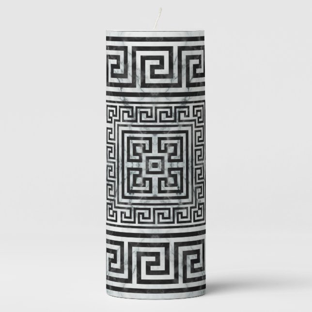 Greek Meander - Greek Key Black and White Marble Pillar Candle (Front)