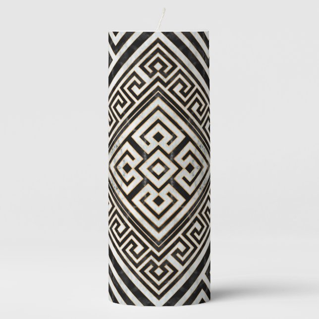 Greek Meander - Greek Key Black and White Marble Pillar Candle (Front)
