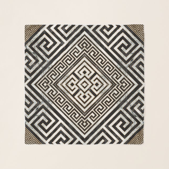 Greek Meander, Greek Key Black and White Marble Scarf (Front)