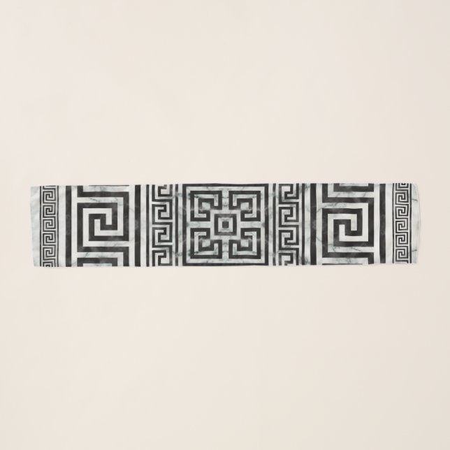 Greek Meander - Greek Key Black and White Marble Scarf (Front (Horizontal))