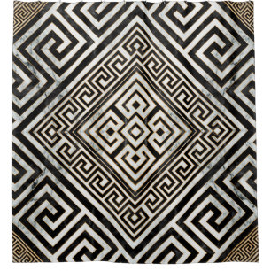 Greek Meander - Greek Key Black and White Marble Shower Curtain
