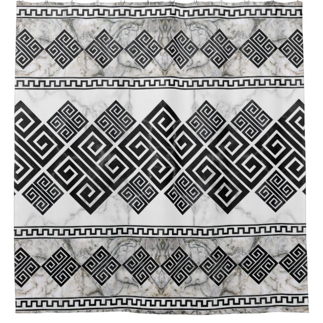 Greek Meander, Greek Key Black and White Marble Shower Curtain (Front)