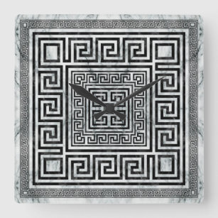 Greek Meander - Greek Key Black and White Marble Square Wall Clock