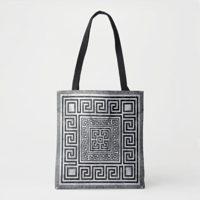 Greek Meander - Greek Key Black and White Marble Tote Bag (Front)