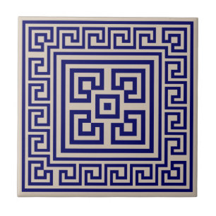 Greek Meander - Greek Key - Blue and beige Ceramic Tile