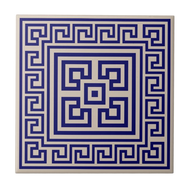 Greek Meander - Greek Key - Blue and beige Ceramic Tile (Front)