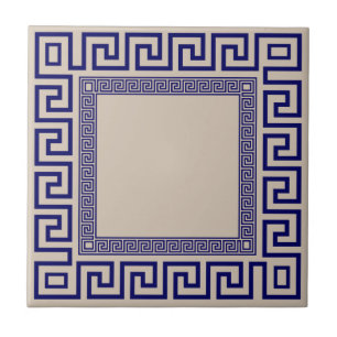 Greek Meander - Greek Key - Blue and beige  Ceramic Tile