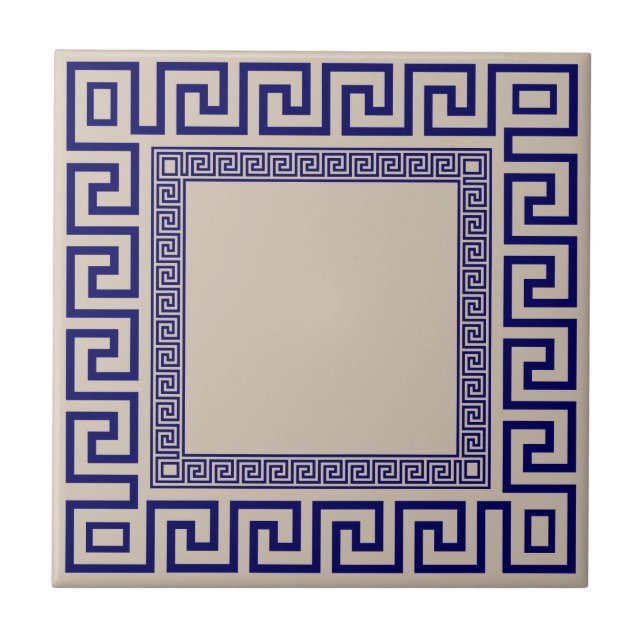 Greek Meander - Greek Key - Blue and beige  Ceramic Tile (Front)