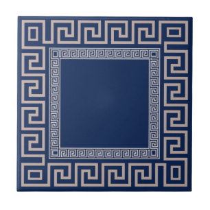 Greek Meander - Greek Key - Blue and beige Ceramic Tile
