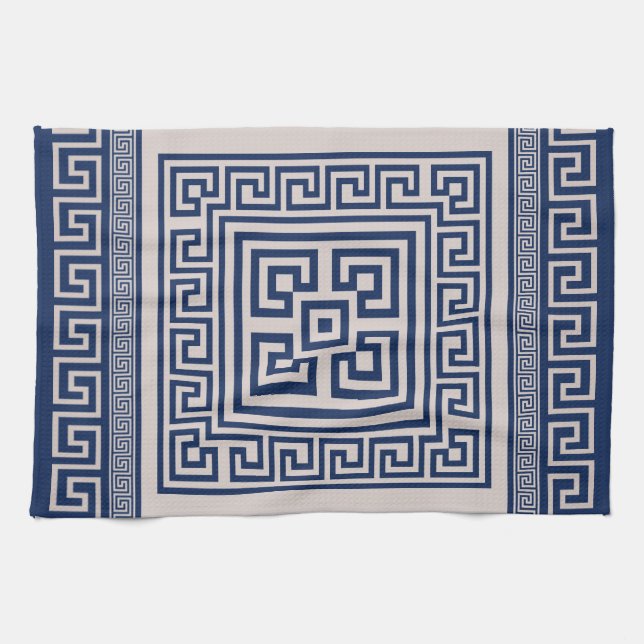 Greek Meander - Greek Key - Blue and beige Kitchen Towel (Horizontal)