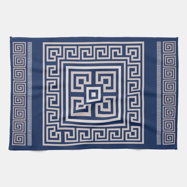 Greek Meander - Greek Key - Blue and Beige Kitchen Towel (Horizontal)