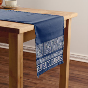 Greek Meander - Greek Key - Blue and beige Long Table Runner