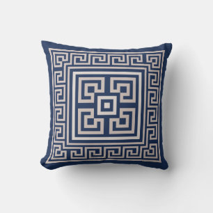 Greek Meander - Greek Key - Blue and cream Throw Pillow